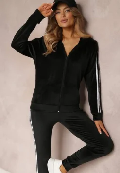 Czarny 2-częściowy Welurowy Komplet Dresowy z Lampasami Ayza