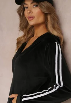 Czarny 2-częściowy Welurowy Komplet Dresowy z Lampasami Ayza