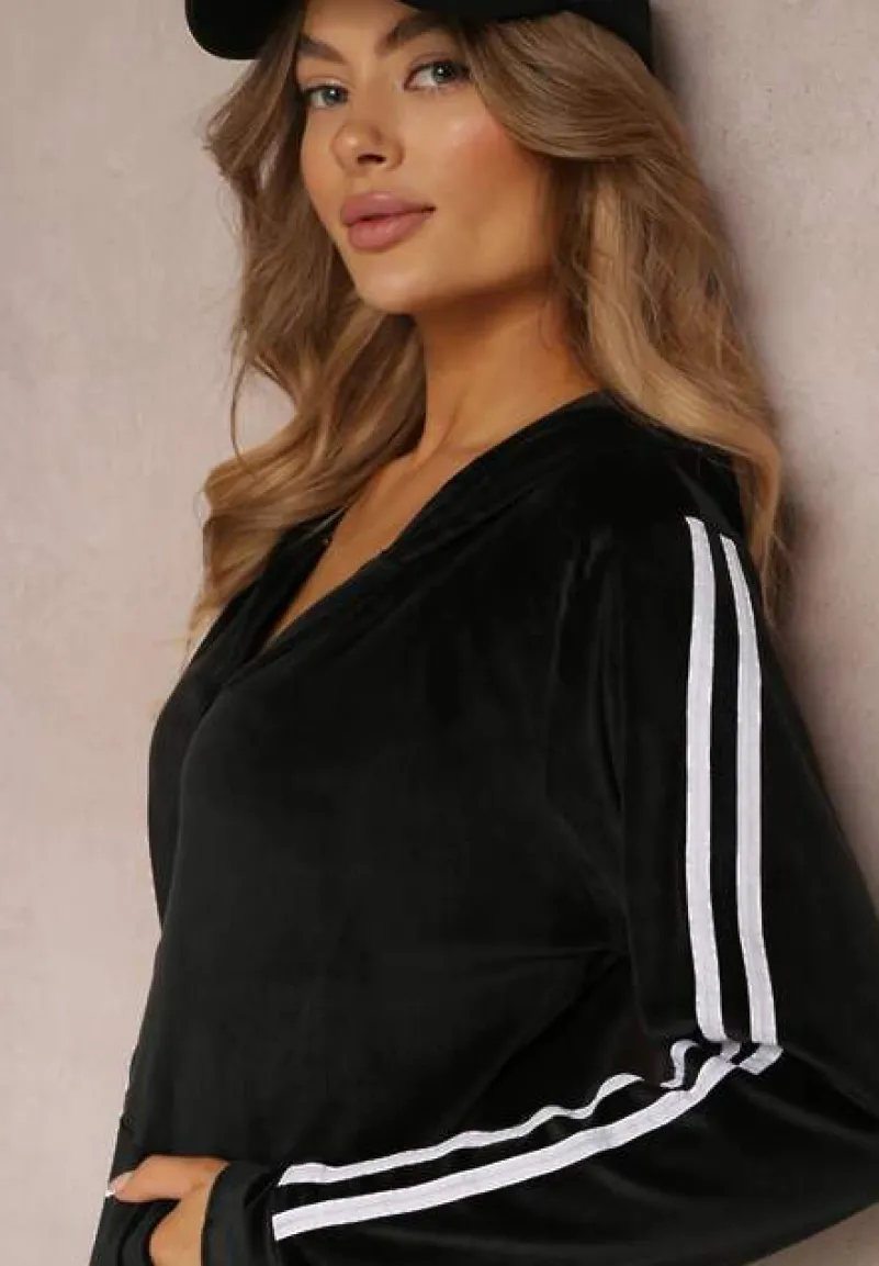 Czarny 2-częściowy Welurowy Komplet Dresowy z Lampasami Ayza