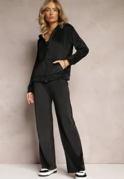 Czarny 2-Częsciowy Komplet Dresowy z Welurowego Materiału Bluza z Kapturem i Szerokie Spodnie na Gumce Nathilde