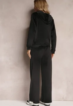 Czarny 2-Częsciowy Komplet Dresowy z Welurowego Materiału Bluza z Kapturem i Szerokie Spodnie na Gumce Nathilde