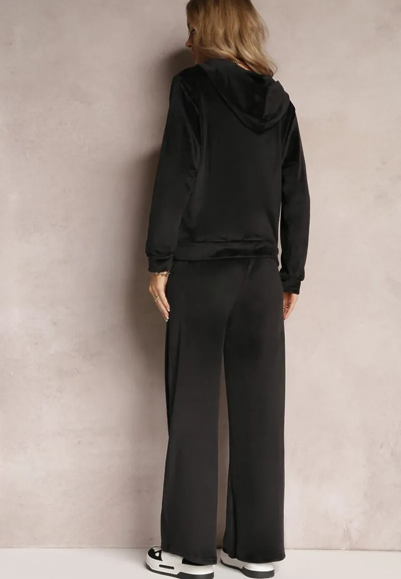 Czarny 2-Częsciowy Komplet Dresowy z Welurowego Materiału Bluza z Kapturem i Szerokie Spodnie na Gumce Nathilde