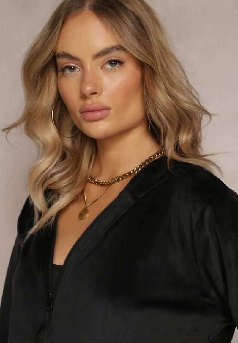 Czarny 2-Częsciowy Komplet Dresowy z Welurowego Materiału Bluza z Kapturem i Szerokie Spodnie na Gumce Nathilde