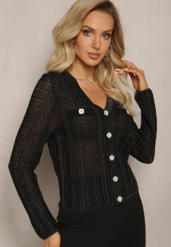 Czarny Dopasowany Kardigan z Metaliczną Nicią i Guzikami Stagera
