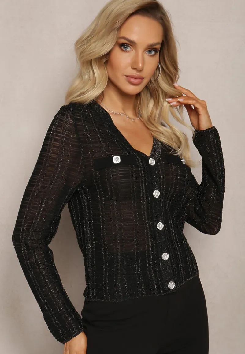 Czarny Dopasowany Kardigan z Metaliczną Nicią i Guzikami Stagera