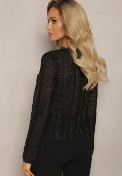 Czarny Dopasowany Kardigan z Metaliczną Nicią i Guzikami Stagera