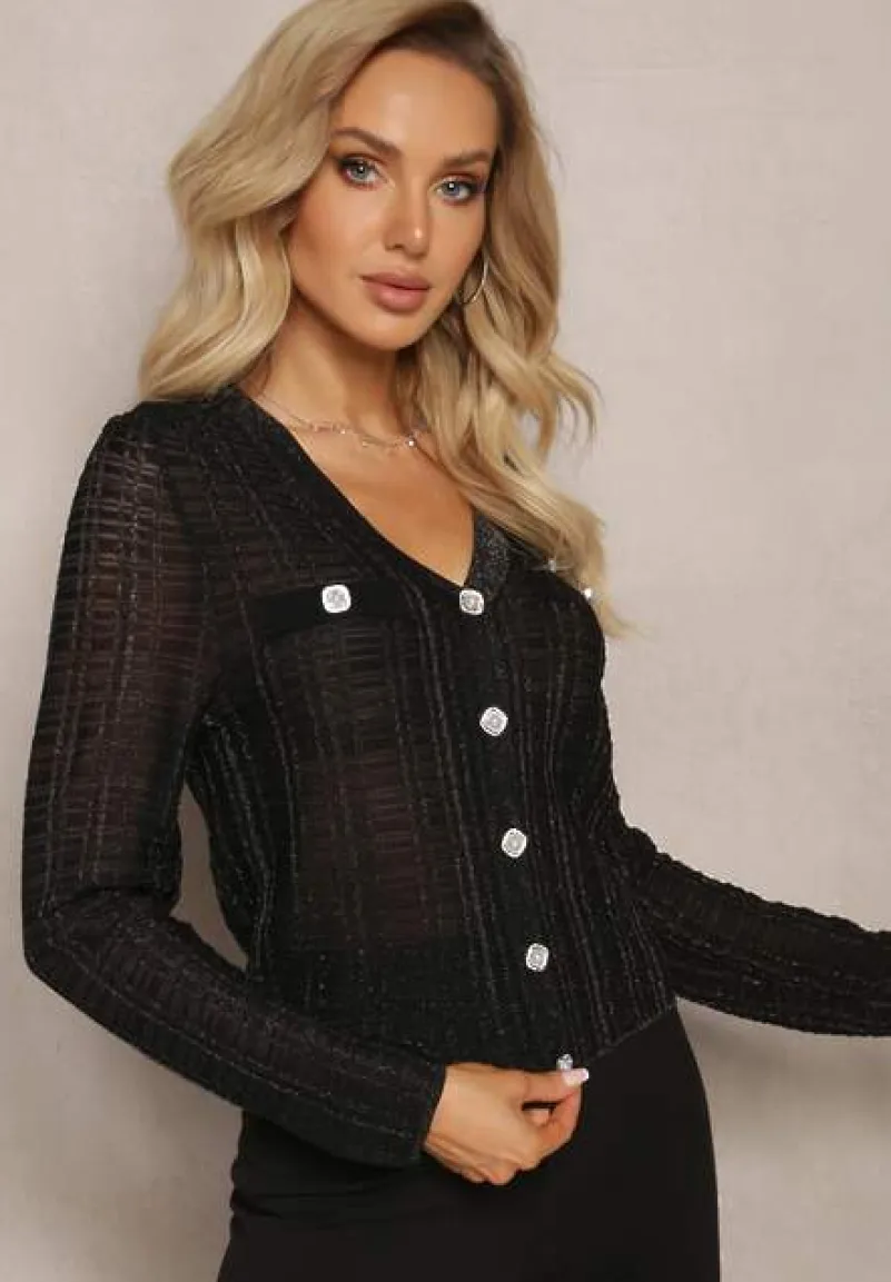 Czarny Dopasowany Kardigan z Metaliczną Nicią i Guzikami Stagera
