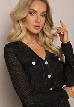 Czarny Dopasowany Kardigan z Metaliczną Nicią i Guzikami Stagera