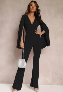 Czarny Dopasowany Kombinezon z Rozkloszowanymi Rękawami i Głębokim Dekoltem Andrika