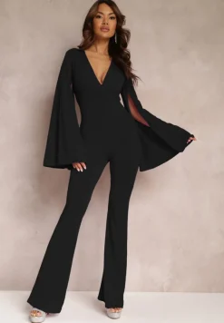 Czarny Dopasowany Kombinezon z Rozkloszowanymi Rękawami i Głębokim Dekoltem Andrika