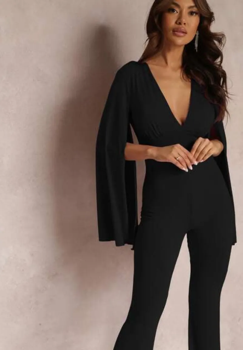 Czarny Dopasowany Kombinezon z Rozkloszowanymi Rękawami i Głębokim Dekoltem Andrika