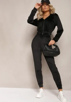 Czarny Dresowy Komplet z Weluru Spodnie i Bluza z Kapturem na Suwak Styrena