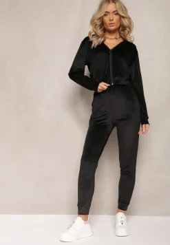 Czarny Dresowy Komplet z Weluru Spodnie i Bluza z Kapturem na Suwak Styrena