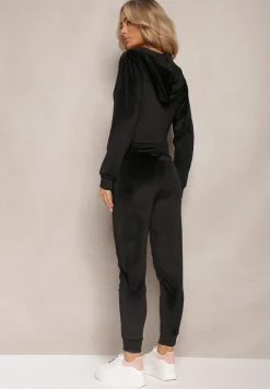 Czarny Dresowy Komplet z Weluru Spodnie i Bluza z Kapturem na Suwak Styrena