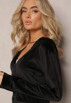 Czarny Dresowy Komplet z Weluru Spodnie i Bluza z Kapturem na Suwak Styrena