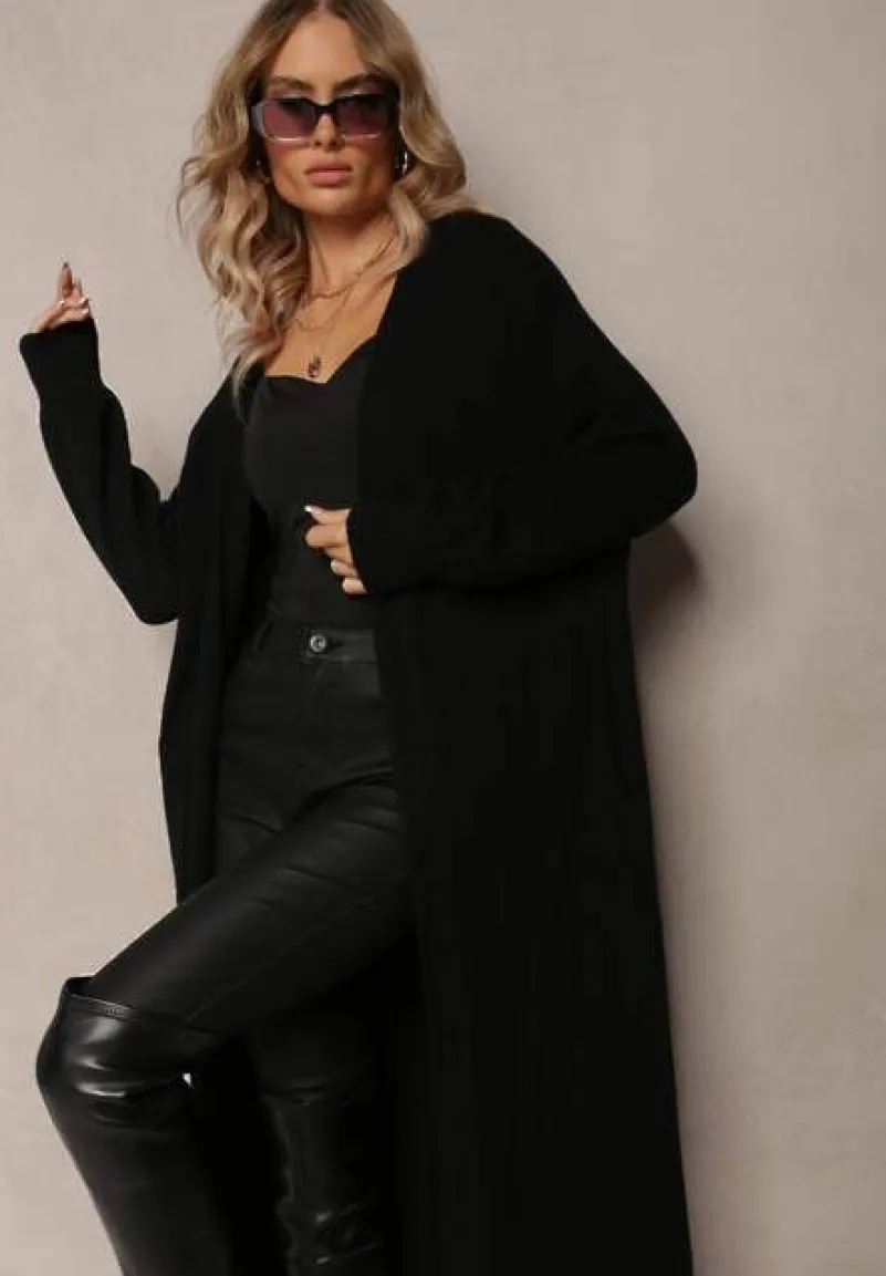 Czarny Długi Kardigan Niezapinany z Kieszeniami Richildi