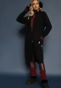 Czarny Długi Kardigan o Prostym Kroju ze Stójką z Domieszką Wełny i Zapięciem na Suwak Bonitana