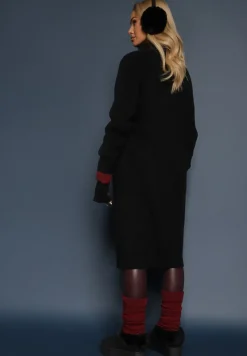 Czarny Długi Kardigan o Prostym Kroju ze Stójką z Domieszką Wełny i Zapięciem na Suwak Bonitana