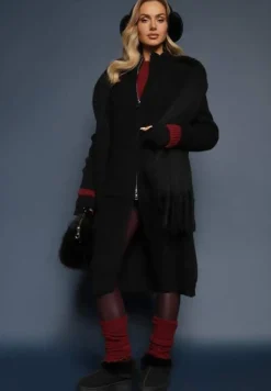 Czarny Długi Kardigan o Prostym Kroju ze Stójką z Domieszką Wełny i Zapięciem na Suwak Bonitana