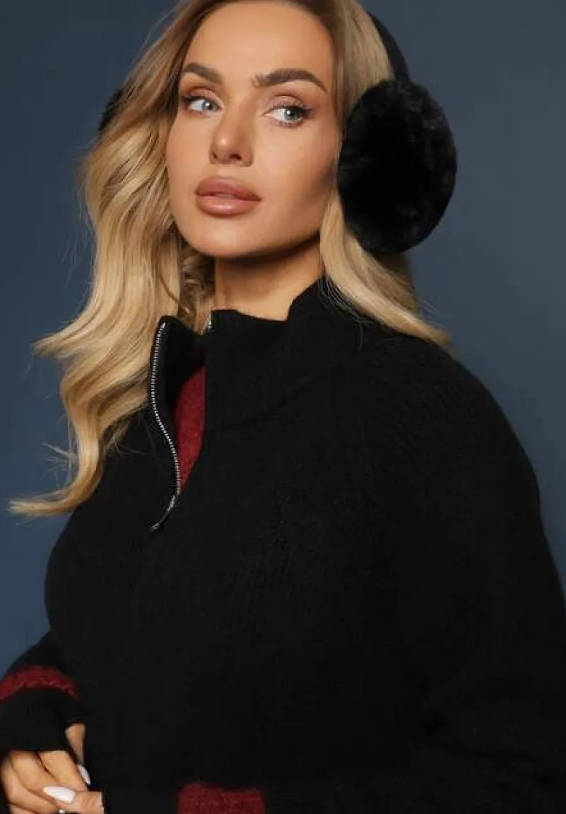 Czarny Długi Kardigan o Prostym Kroju ze Stójką z Domieszką Wełny i Zapięciem na Suwak Bonitana