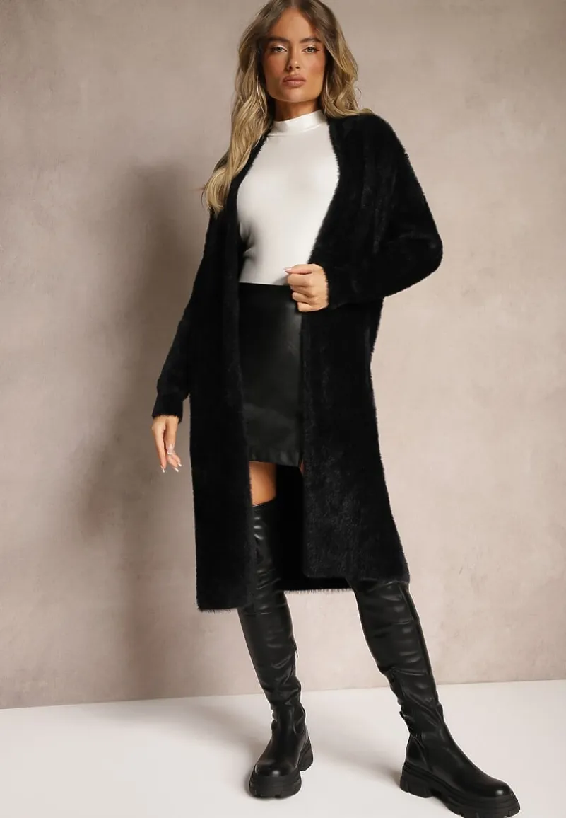 Czarny Długi Kardigan Puchaty z Dodatkiem Wełny Mevasine