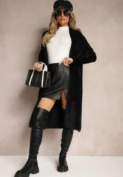 Czarny Długi Kardigan Puchaty z Dodatkiem Wełny Mevasine