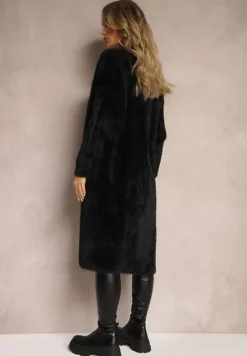 Czarny Długi Kardigan Puchaty z Dodatkiem Wełny Mevasine