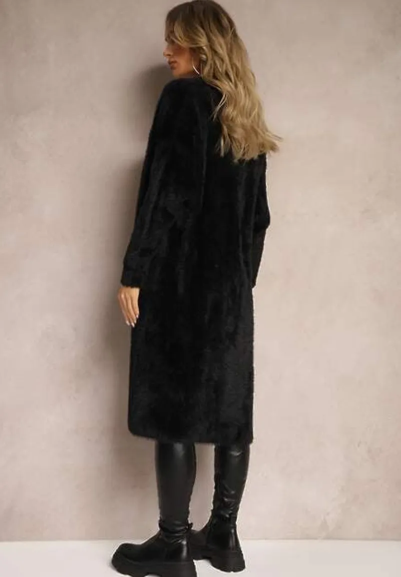 Czarny Długi Kardigan Puchaty z Dodatkiem Wełny Mevasine