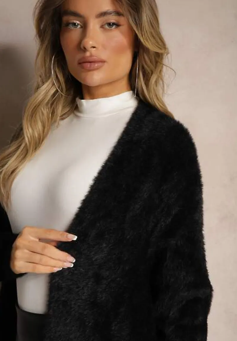 Czarny Długi Kardigan Puchaty z Dodatkiem Wełny Mevasine