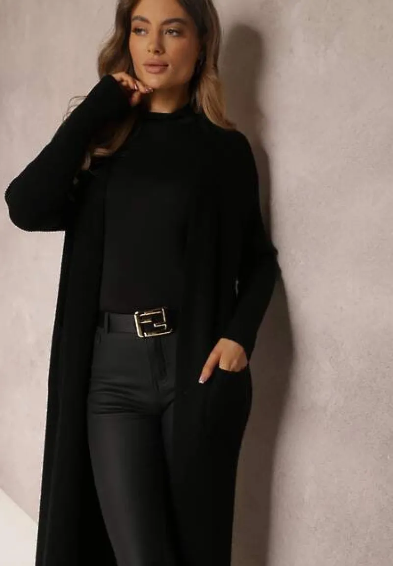 Czarny Długi Kardigan z Kieszeniami Belma