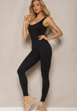 Czarny Długi Kombinezon o Fasonie Bodycon z Miseczkami na Biuście Avelilena