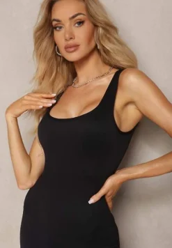 Czarny Długi Kombinezon o Fasonie Bodycon z Miseczkami na Biuście Avelilena