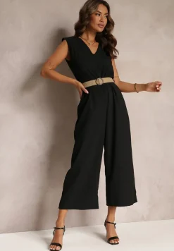 Czarny Długi Kombinezon z Trójkątnym Dekoltem i Ozdobnym Paskiem z Klamrą Malkah