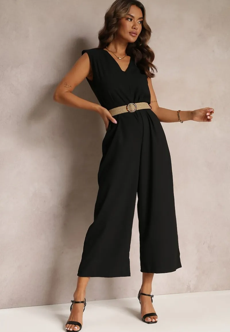 Czarny Długi Kombinezon z Trójkątnym Dekoltem i Ozdobnym Paskiem z Klamrą Malkah