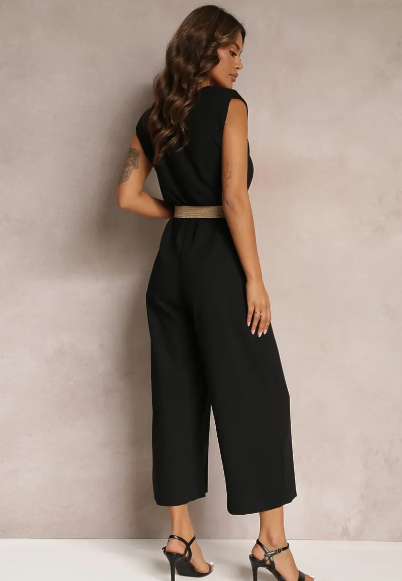 Czarny Długi Kombinezon z Trójkątnym Dekoltem i Ozdobnym Paskiem z Klamrą Malkah