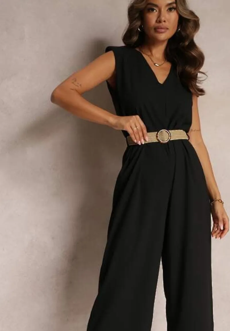 Czarny Długi Kombinezon z Trójkątnym Dekoltem i Ozdobnym Paskiem z Klamrą Malkah