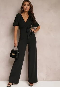 Czarny Długi Kombinezon z Wiązaniem i Głębokim Kopertowym Dekoltem Sumya