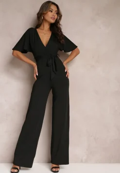 Czarny Długi Kombinezon z Wiązaniem i Głębokim Kopertowym Dekoltem Sumya