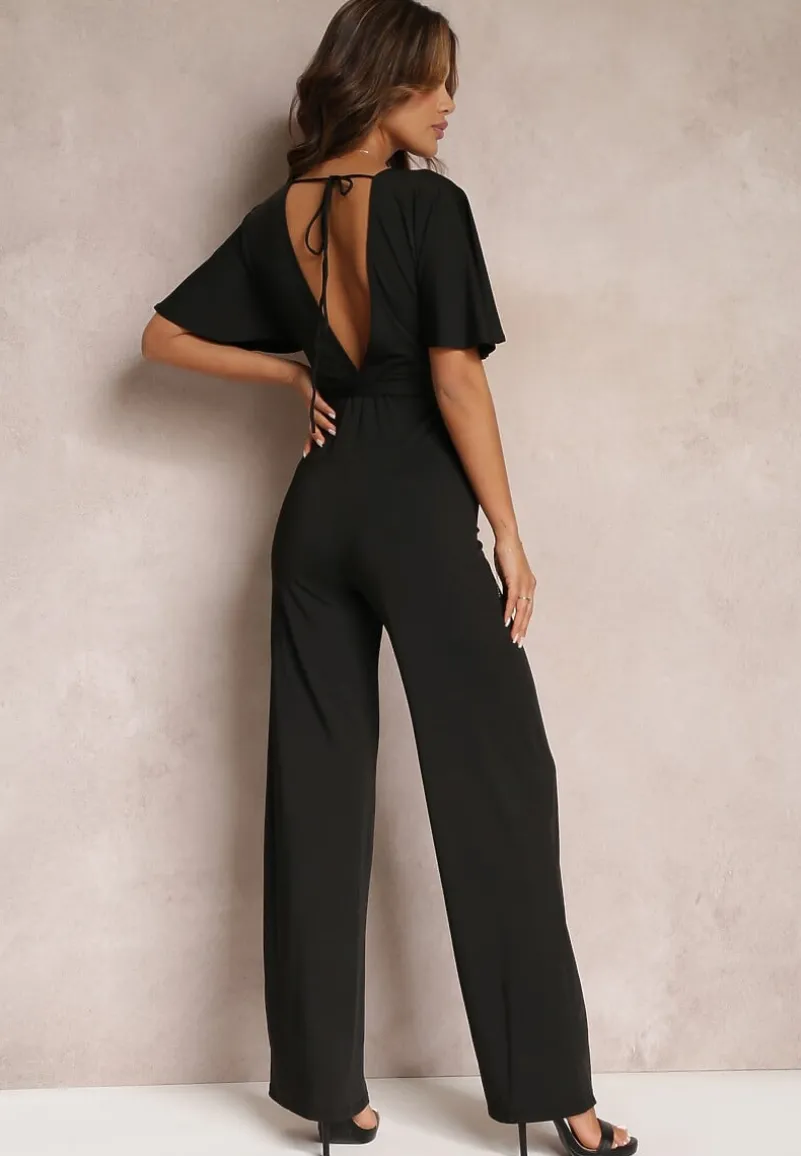 Czarny Długi Kombinezon z Wiązaniem i Głębokim Kopertowym Dekoltem Sumya