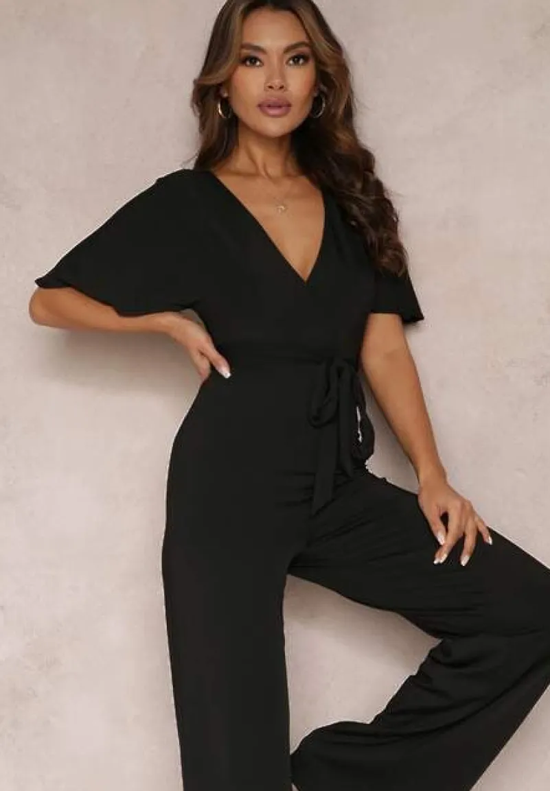 Czarny Długi Kombinezon z Wiązaniem i Głębokim Kopertowym Dekoltem Sumya