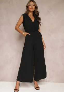 Czarny Długi Kombinezon z Kopertowym Dekoltem i Paskiem Violettsa