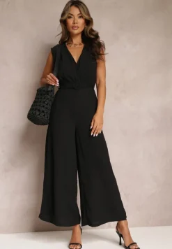 Czarny Długi Kombinezon z Kopertowym Dekoltem i Paskiem Violettsa