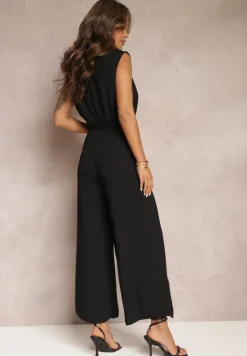 Czarny Długi Kombinezon z Kopertowym Dekoltem i Paskiem Violettsa