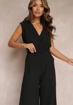 Czarny Długi Kombinezon z Kopertowym Dekoltem i Paskiem Violettsa