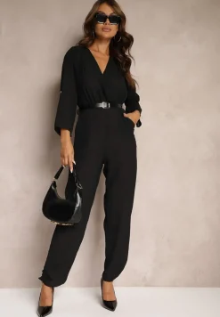 Czarny Długi Kombinezon z Marszczeniem i Kopertowym Dekoltem Jonitta