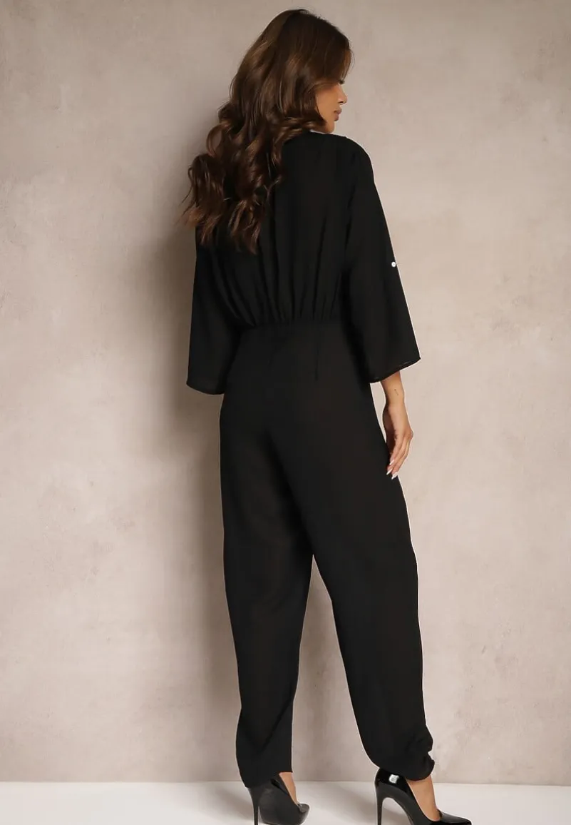 Czarny Długi Kombinezon z Marszczeniem i Kopertowym Dekoltem Jonitta