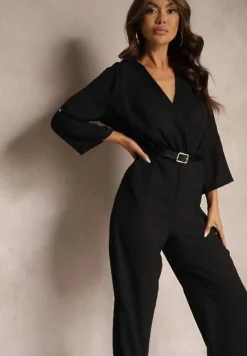 Czarny Długi Kombinezon z Marszczeniem i Kopertowym Dekoltem Jonitta