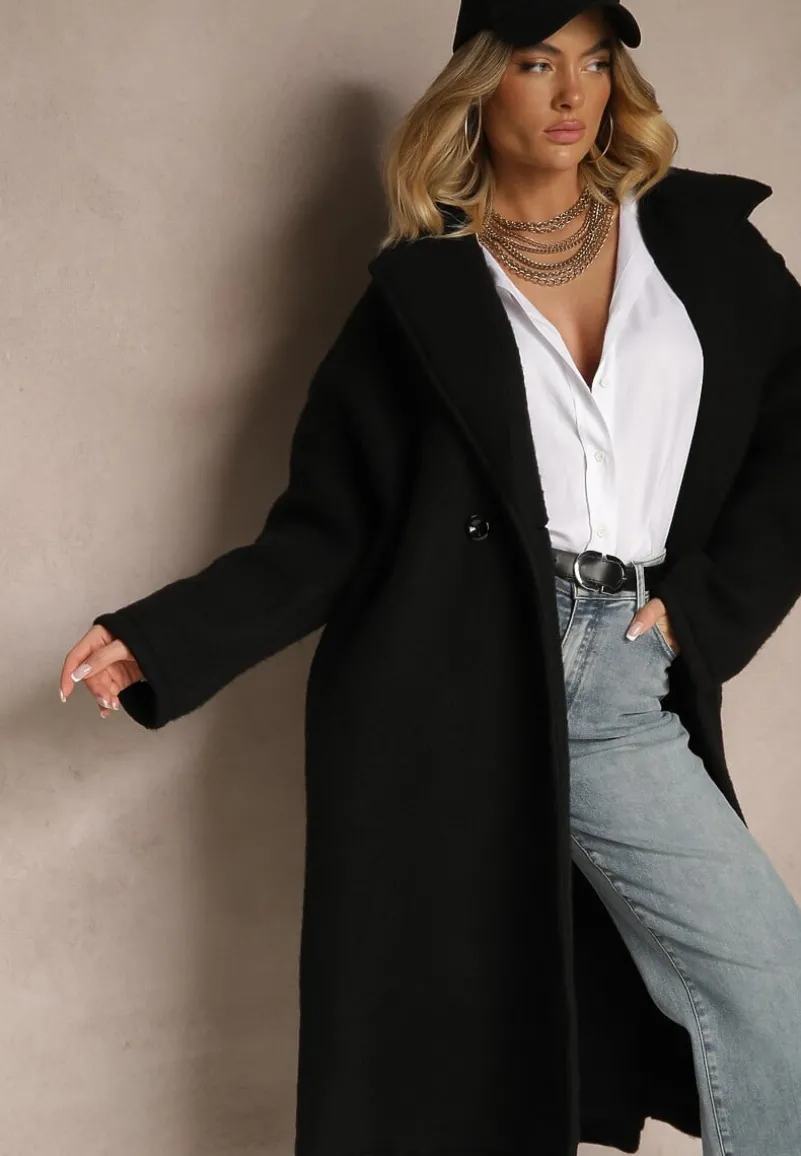 Czarny Długi Płaszcz Jednorzędowy o Kroju Oversize Vlekoma