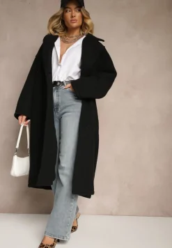 Czarny Długi Płaszcz Jednorzędowy o Kroju Oversize Vlekoma