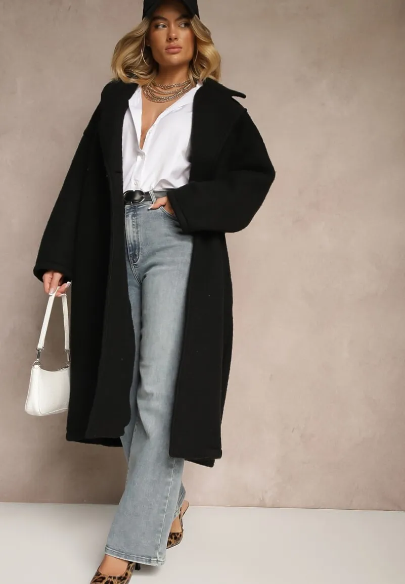 Czarny Długi Płaszcz Jednorzędowy o Kroju Oversize Vlekoma